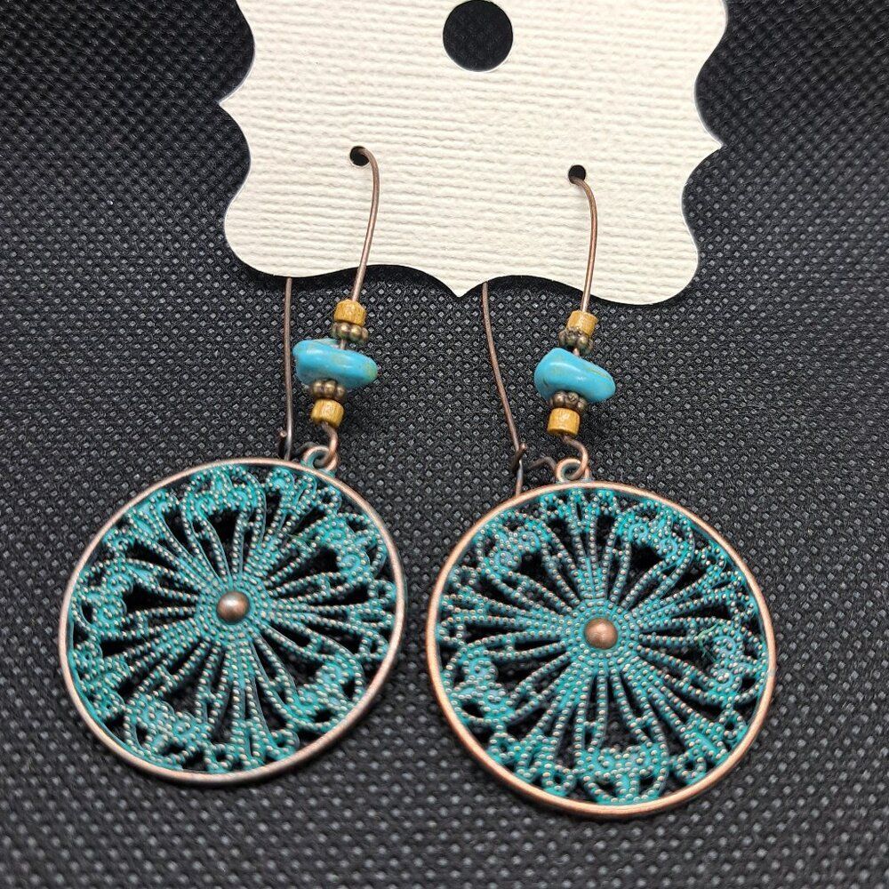 Copper and Blue Lacework Circle Boho Drop Earrings- NWOT